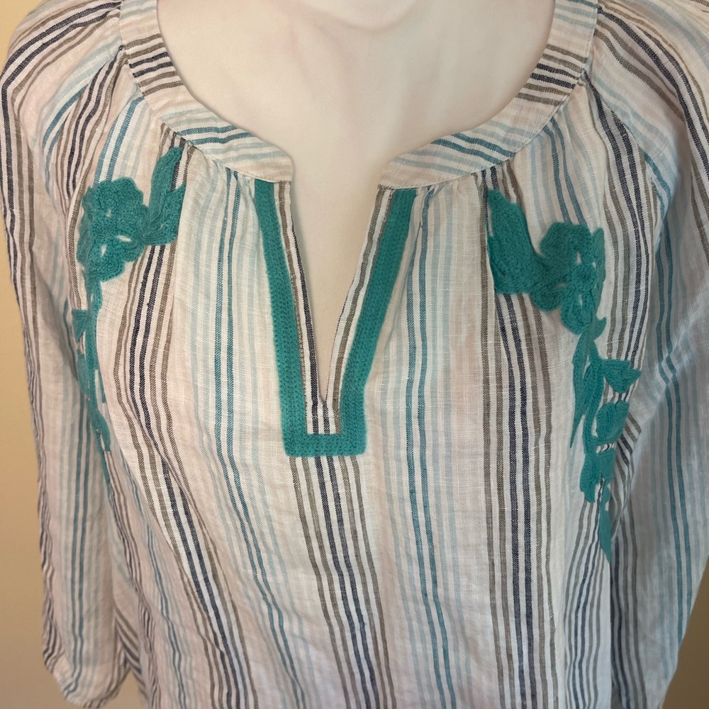 J Jill Love Linen Top L Petit Blue Stripe Embroidery Peasant Blouse Coastal Boho - Picture 14 of 14
